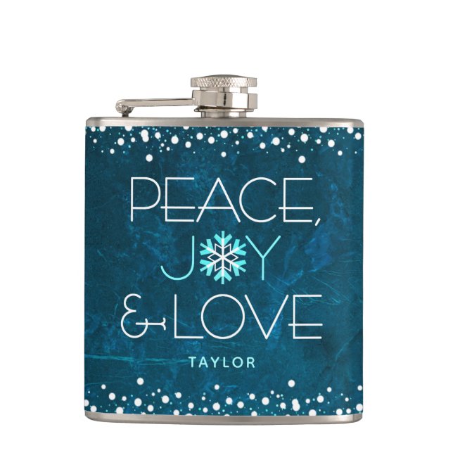 Blue Peace Joy Love Holiday Snowflake Bold Modern  Hip Flask (Front)