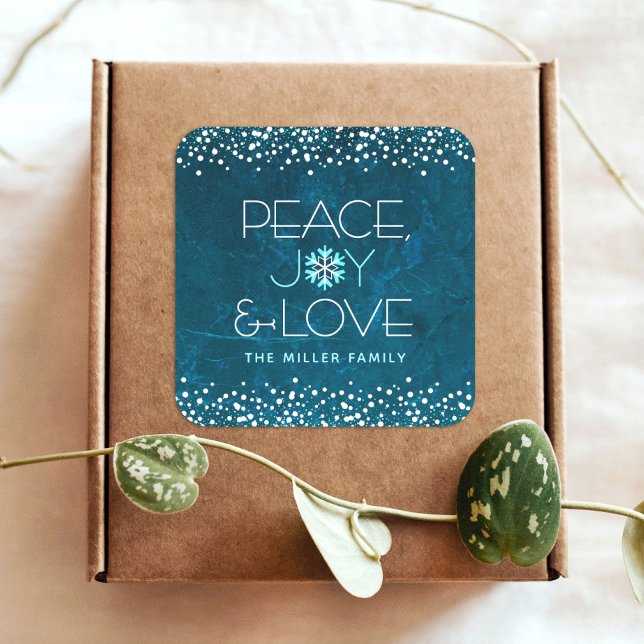 Blue Peace Joy Love Snowflake Typography Holiday Square Sticker (Creator Uploaded)