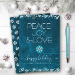 Blue Peace Joy Love Snowflake Typography Simple Holiday Card<br><div class="desc">“Peace, joy & love.” A fun, playful, snowflake illustration and modern typography on a rich, deep teal blue marble watercolor background help you usher in the holiday season. Additional white snowflakes and confetti dots frame the card. A white snowflake pattern overlays the deep teal blue marble watercolor on the back....</div>