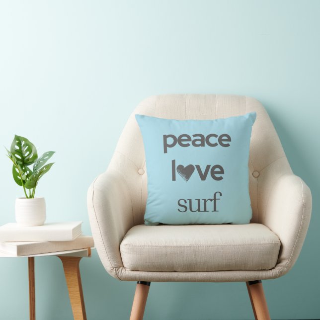 Blue Peace Love Surf - Reversible Coastal Beach Throw Pillow (Chair)