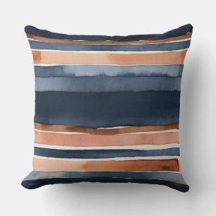 Blue peach and chocolate watercolor stripes throw pillow