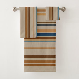 Blue, Peach, Beige, Brown and Taupe Stripes Bath Towel Set