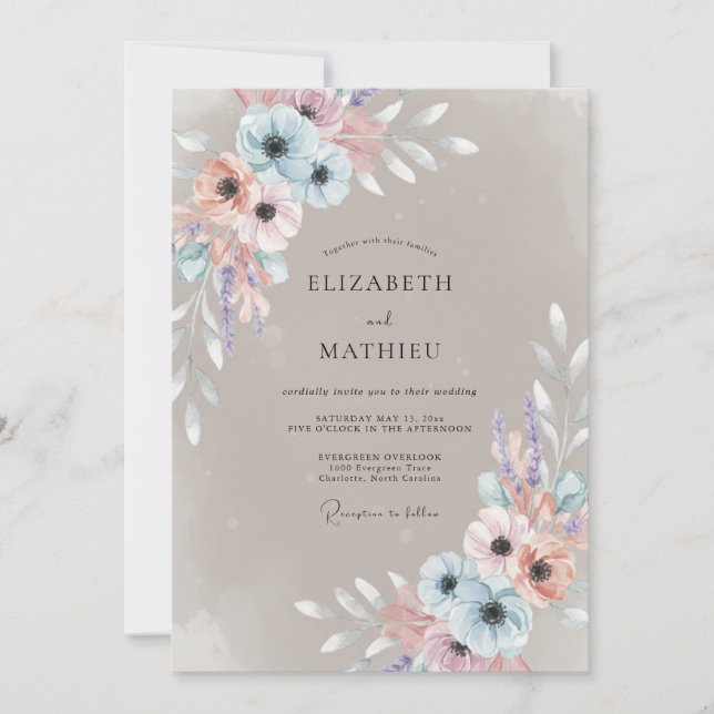 Blue Peach Blossom Wedding Invitation (Front)