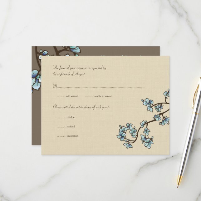 Blue Peach Blossoms Sakura carte de mariage asiati (Devant/Arrière en situation)