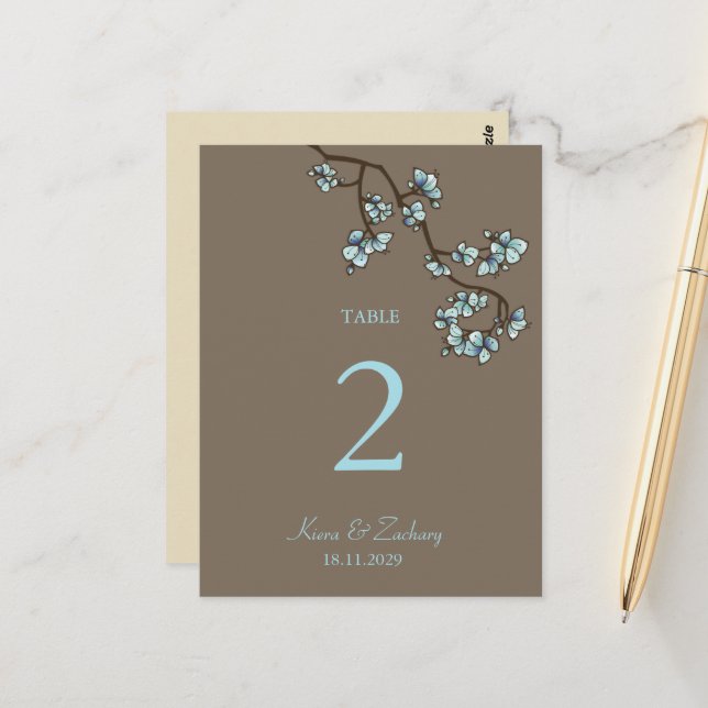 Blue Peach Blossoms Wedding Table Number Card (Front/Back In Situ)
