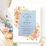 Blue, Peach, Blush and Cream Floral Chic Wedding I Invitation<br><div class="desc">Delight your guest with this elegant and unique wedding invitation with exquisite watercolor floral elements in a beautiful blend of peach, orange, blush, champagne cream and coral hues framing a striking blue watercolor frame showcasing your wedding details. Ability to change "together with their parents" to "together with their families", "together...</div>