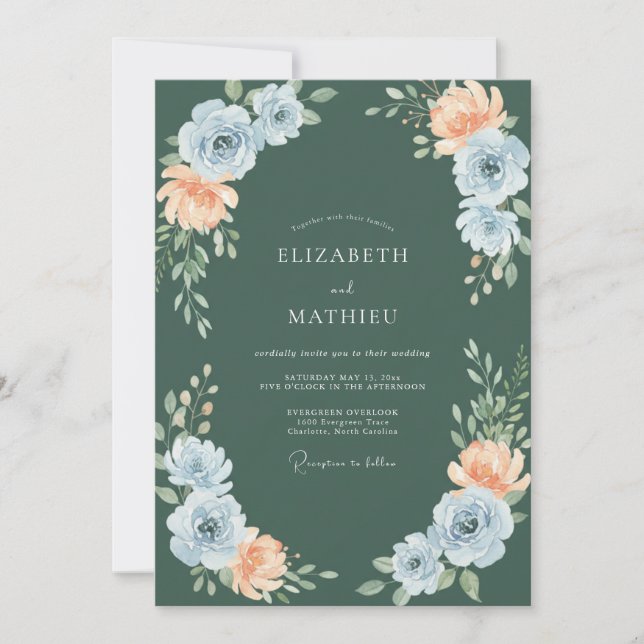 Blue Peach Botanical Flourish Wedding Invitation (Front)