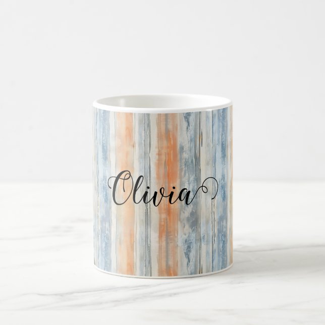 Blue Peach Cream Stripes Personalized Coffee Mug (Center)