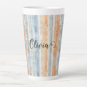 Blue Peach Cream Stripes Personalized Latte Mug