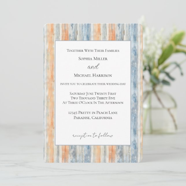 Blue Peach Cream Stripes Wedding Invitation (Standing Front)