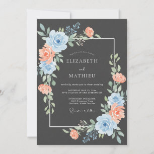 Blue Peach Floral Flourish Wedding Invitation