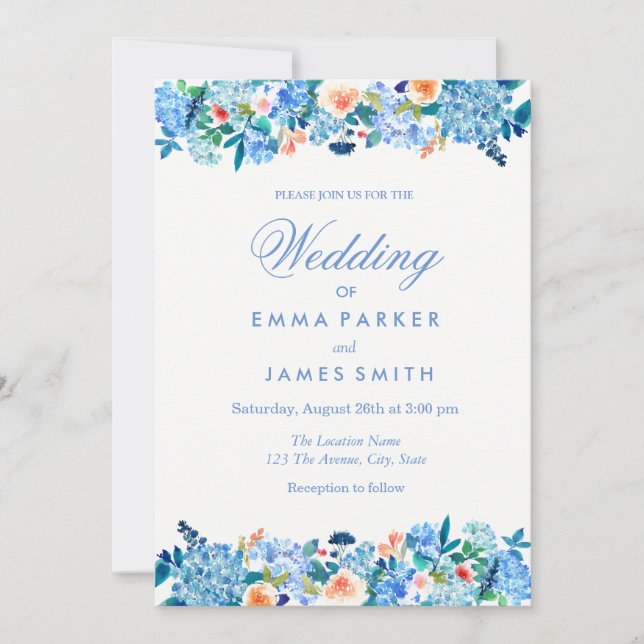 Blue Peach Floral Peonies Wedding Invitation (Front)