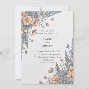 Blue Peach Floral Wedding Invitation