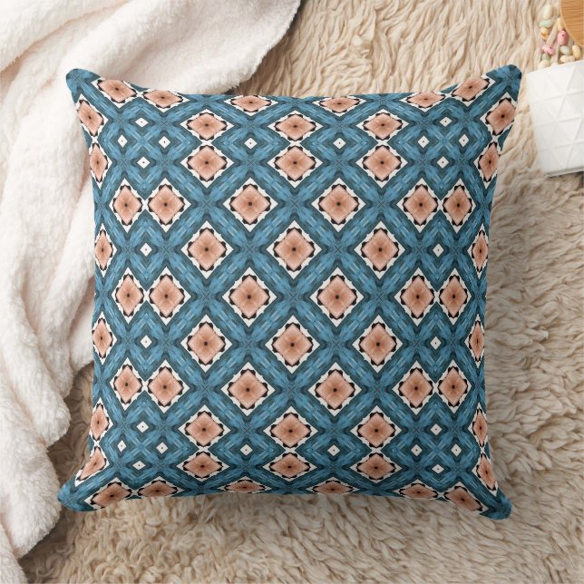 Blue & Peach Geometric Kaleidascope Pattern Design Throw Pillow (Blanket)