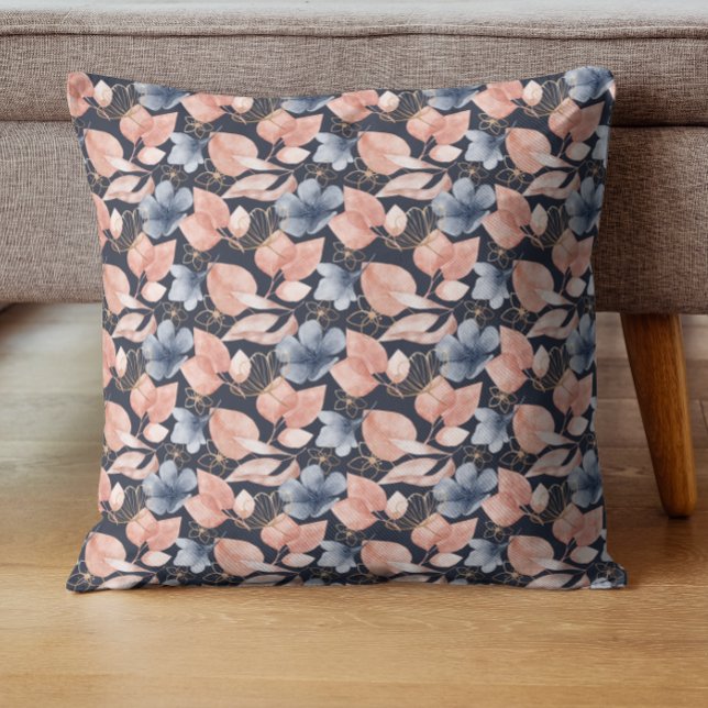 Blue, Peach & Gold Florals Stylish Botanical Art Throw Pillow (Creator Uploaded)