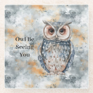 Blue Peach Owl Be Seeing You Glass Coaster
