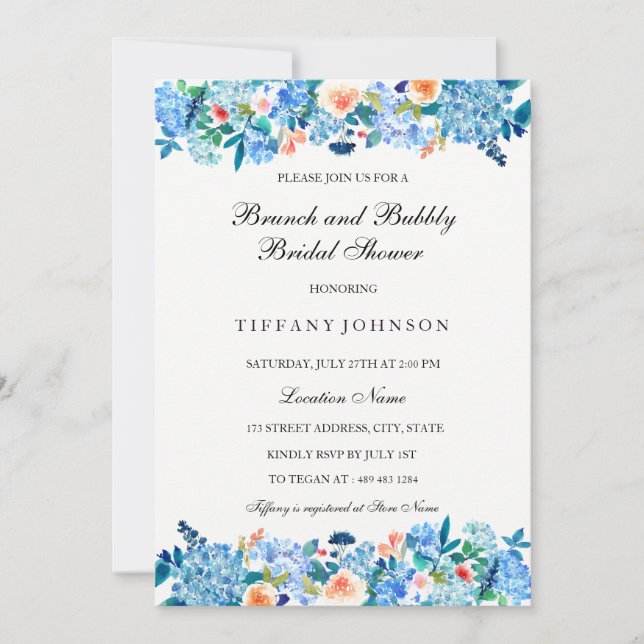 Blue Peach Peonies Brunch & Bubbly Invitation (Front)