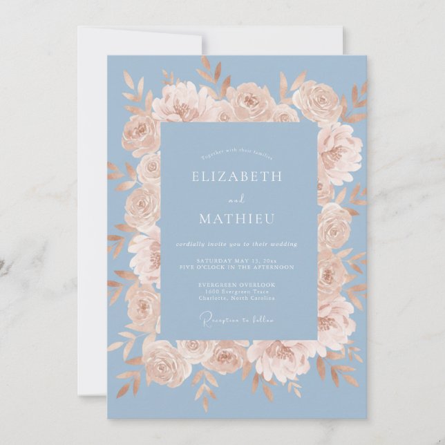 Blue Peach Romantic Bloom Wedding Invitation (Front)