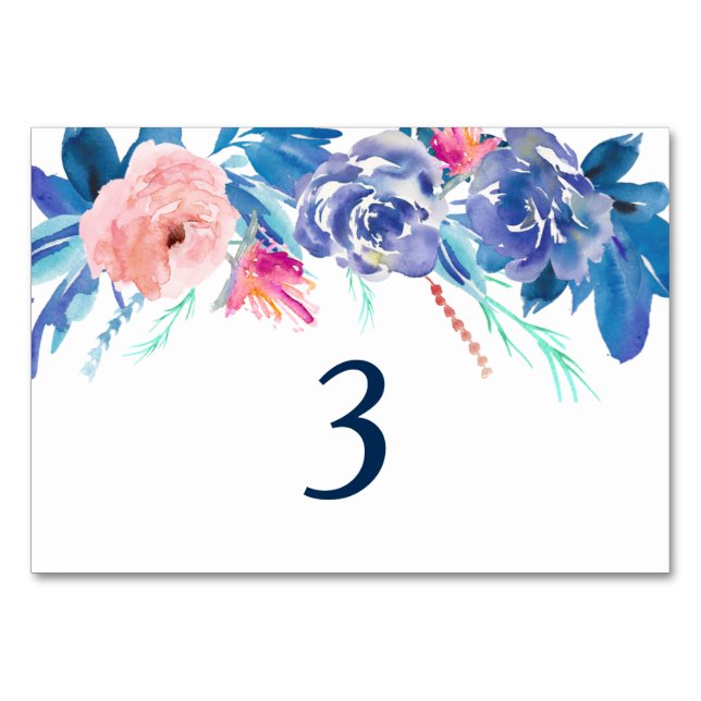 Blue Peach Roses Bouquet Wedding Table Number (Front)