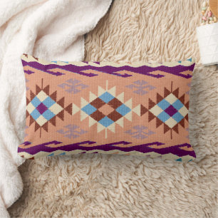Blue Peach Violet Oriental Kilim Rug Lumbar Pillow