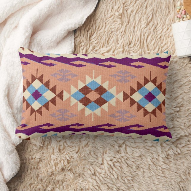 Blue Peach Violet Oriental Kilim Rug Lumbar Pillow (Blanket)