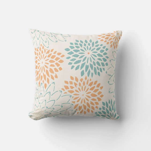 Blue Peach White Floral Throw Pillow (Front)