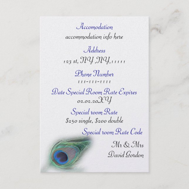 blue peacock  3.5 x 5 accomodation enclosure card (Front)