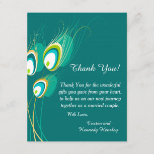 Blue Peacock 4x5 Flat Wedding Thank You Card