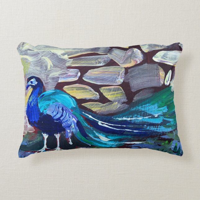 blue peacock, acrylic painting accent pillow (Front)