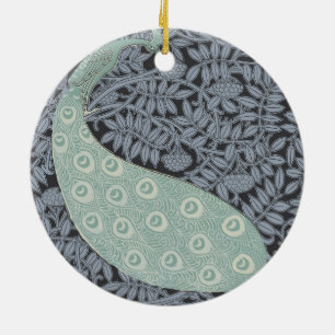Blue Peacock Art Nouveau Lace Pattern Ceramic Ornament
