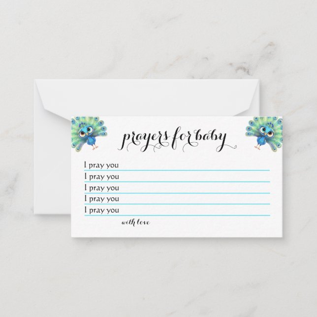 Blue Peacock Baby Shower Prayers Card (Front)