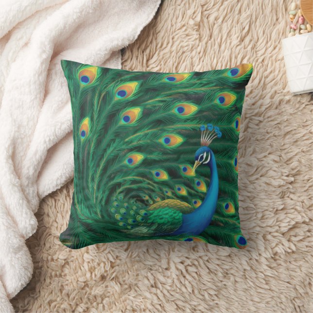 Blue Peacock Bird Throw Pillow (Blanket)