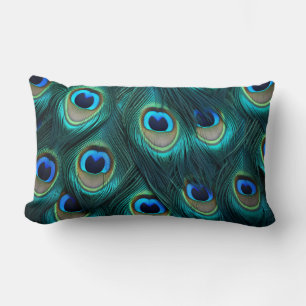 Blue peacock feather lumbar pillow