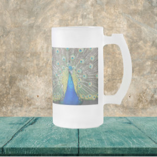 Blue Peacock Feather Plumage Frosted Glass Beer Mug