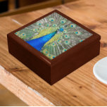 Blue Peacock Feather Plumage Gift Box<br><div class="desc">Store trinkets,  jewellery and other small keepsakes in this wooden gift box with ceramic tile featuring a photo image of a lovely,  blue Peacock with colourful fantail plumage. Select your gift box size and colour.</div>