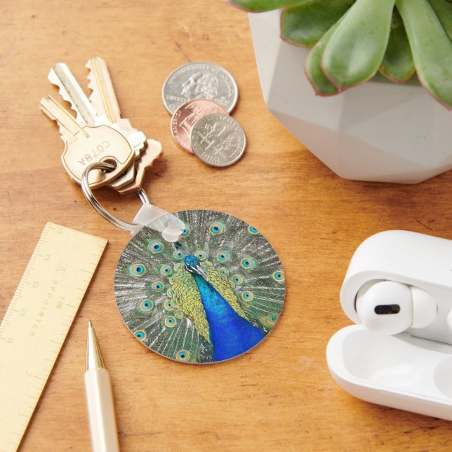 Blue Peacock Feather Plumage Photo Keychain (Desk)