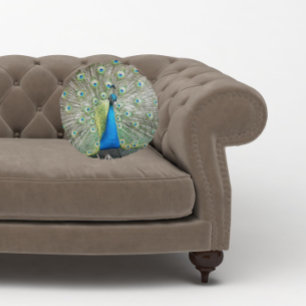 Blue Peacock Feather Plumage Photo Round Pillow