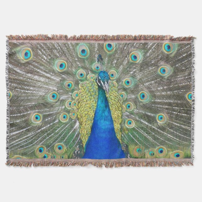 Blue Peacock Feather Plumage Throw Blanket (Front)