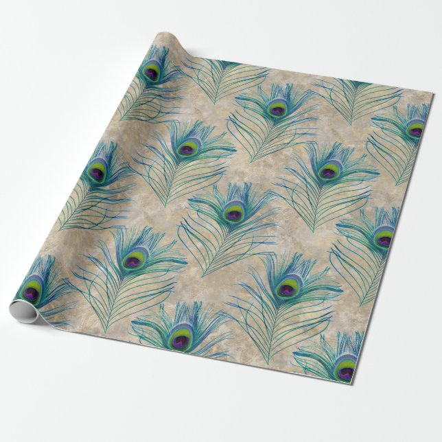 Blue Peacock Feathers on Light Brown Wrapping Paper (Unrolled)
