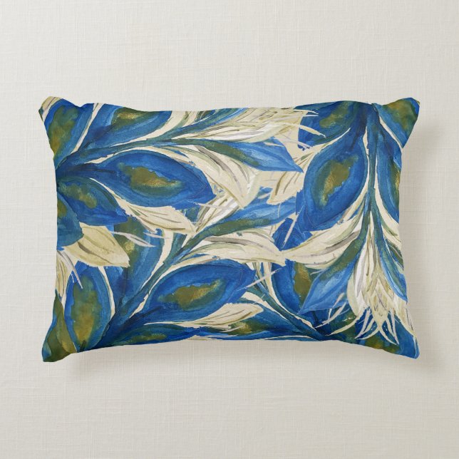 Blue Peacock Feathers Watercolor Hand-painted  Accent Pillow (Front)