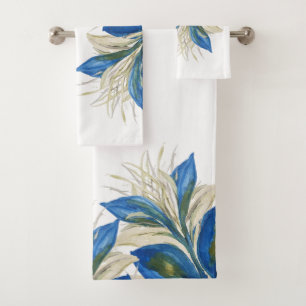 Blue Peacock Feathers Watercolor Hand-painted Bath Towel Set
