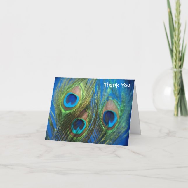 Blue Peacock Feathers Wedding Thank You Card (Front)