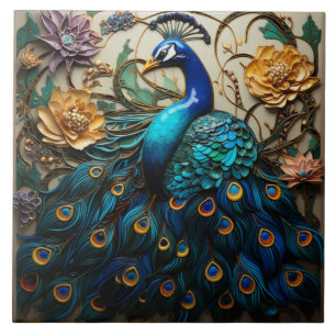 Blue Peacock, Flowers, 3D Effect, Colorful Tile