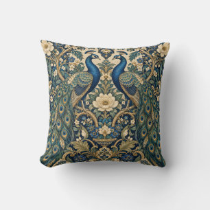 Blue Peacock Garden Ornate Floral Throw Pillow