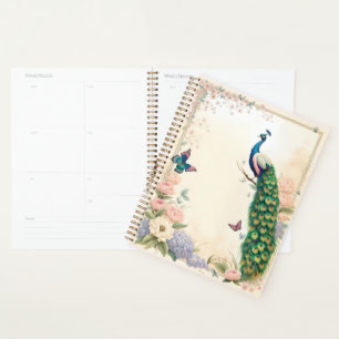 Blue Peacock in Pastel Flower Garden II Planner