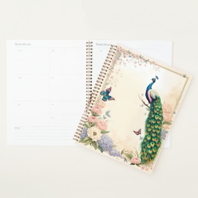 Blue Peacock in Pastel Flower Garden II Planner (Display)