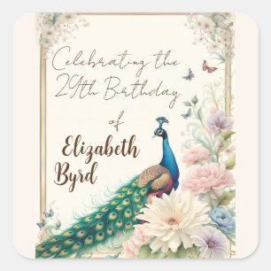 Blue Peacock in Pastel Flower Garden PARTY Square Sticker