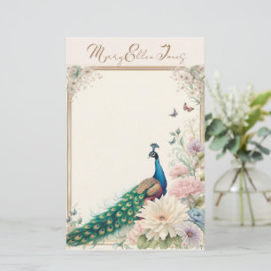 Blue Peacock in Pastel Flower Garden Stationery