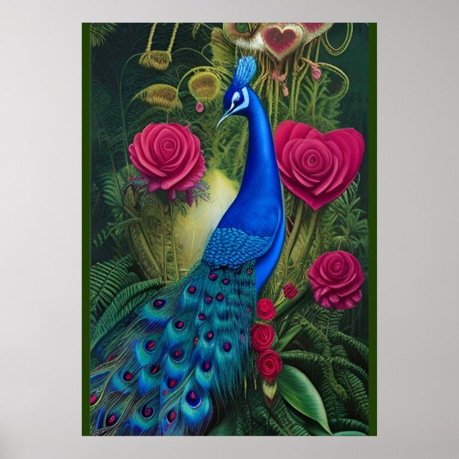 Blue Peacock in Pink Heart Rose Garden Poster (Front)