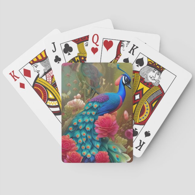 Blue Peacock in Pink Rose Garden  Playing Cards (Back)